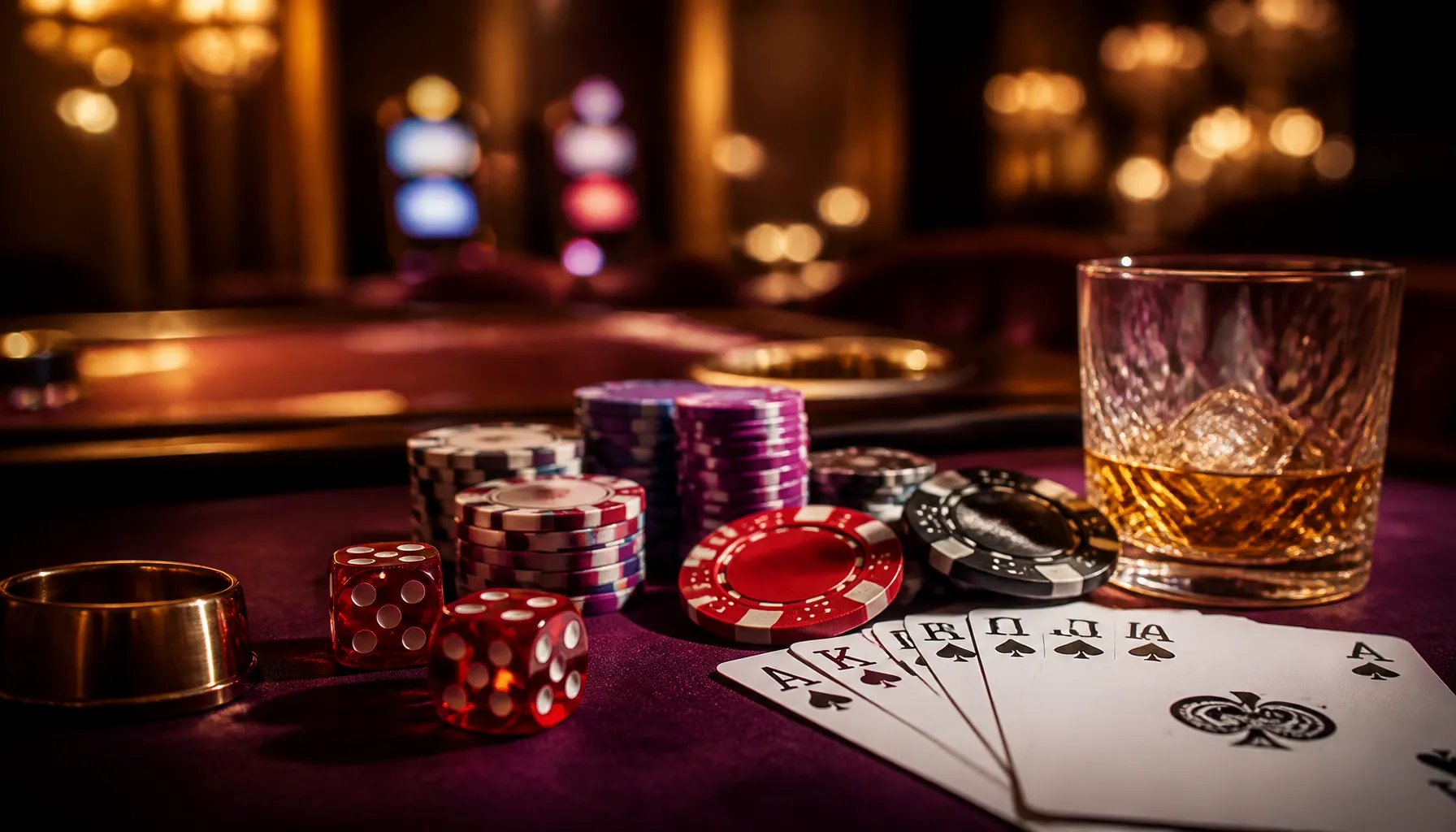 Fanned playing cards with a joker card on deep purple velvet surface under dramatic cinematic lighting